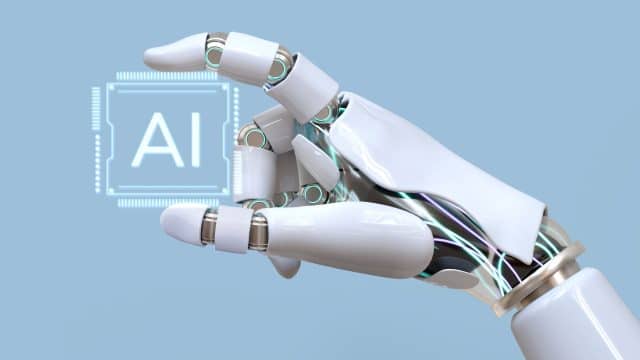 Conformité rgpd, Main robotique interagissant avec une puce symbolisant l’intelligence artificielle, sur fond technologique épuré.