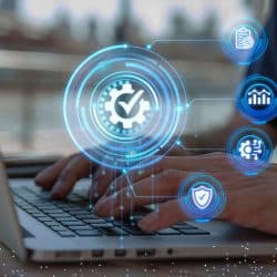 Interface numérique avec icônes de conformité, sécurité et efficacité, représentant la gestion responsable des données.