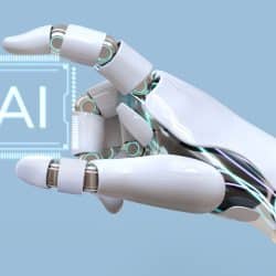Main robotique interagissant avec une puce symbolisant l’intelligence artificielle, sur fond technologique épuré.