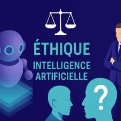Illustration représentant un professionnel face à un robot IA, avec des symboles de justice et d’éthique, sur fond bleu. Idéal pour traiter l’encadrement humain de l’IA.