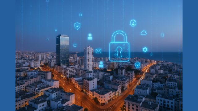 Vue aérienne de Casablanca avec des icônes numériques illustrant la cybersécurité et la protection des données